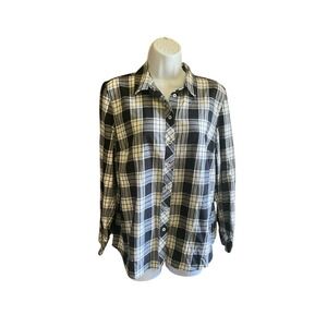 Talbots Plaid Flannel Shirt Button Down Long Sleeve‎ Black White Medium P